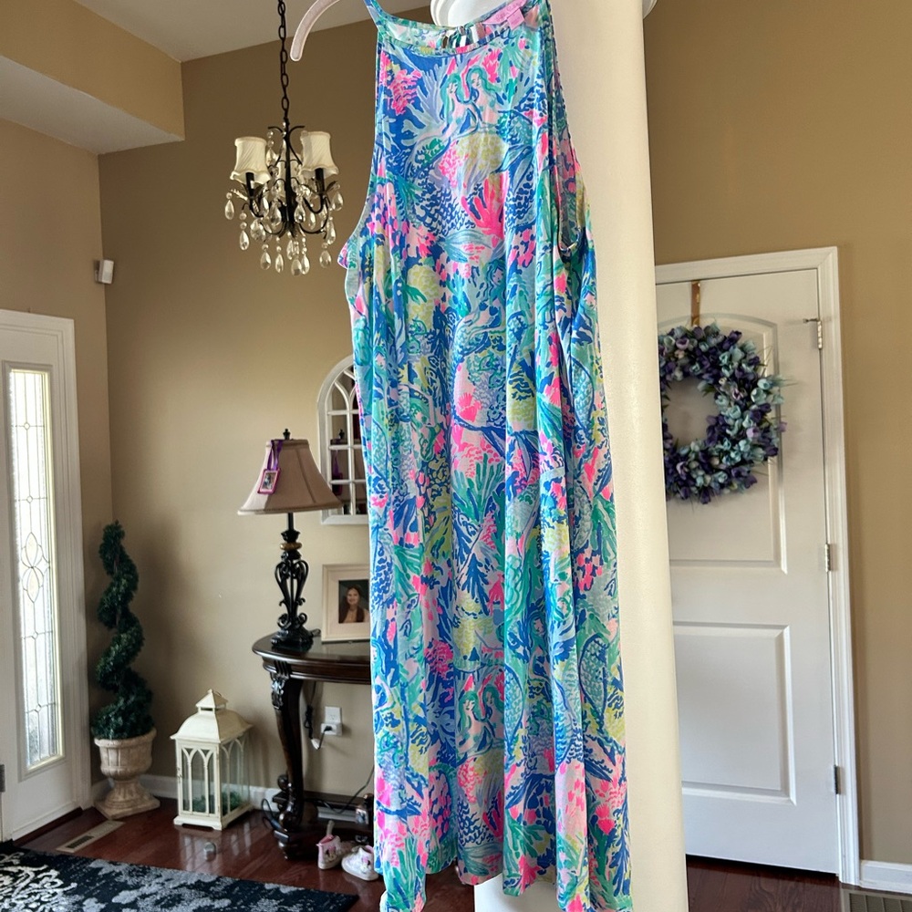 Lilly Pulitzer Blue and Pink Asymmetrical Maxi Dress
